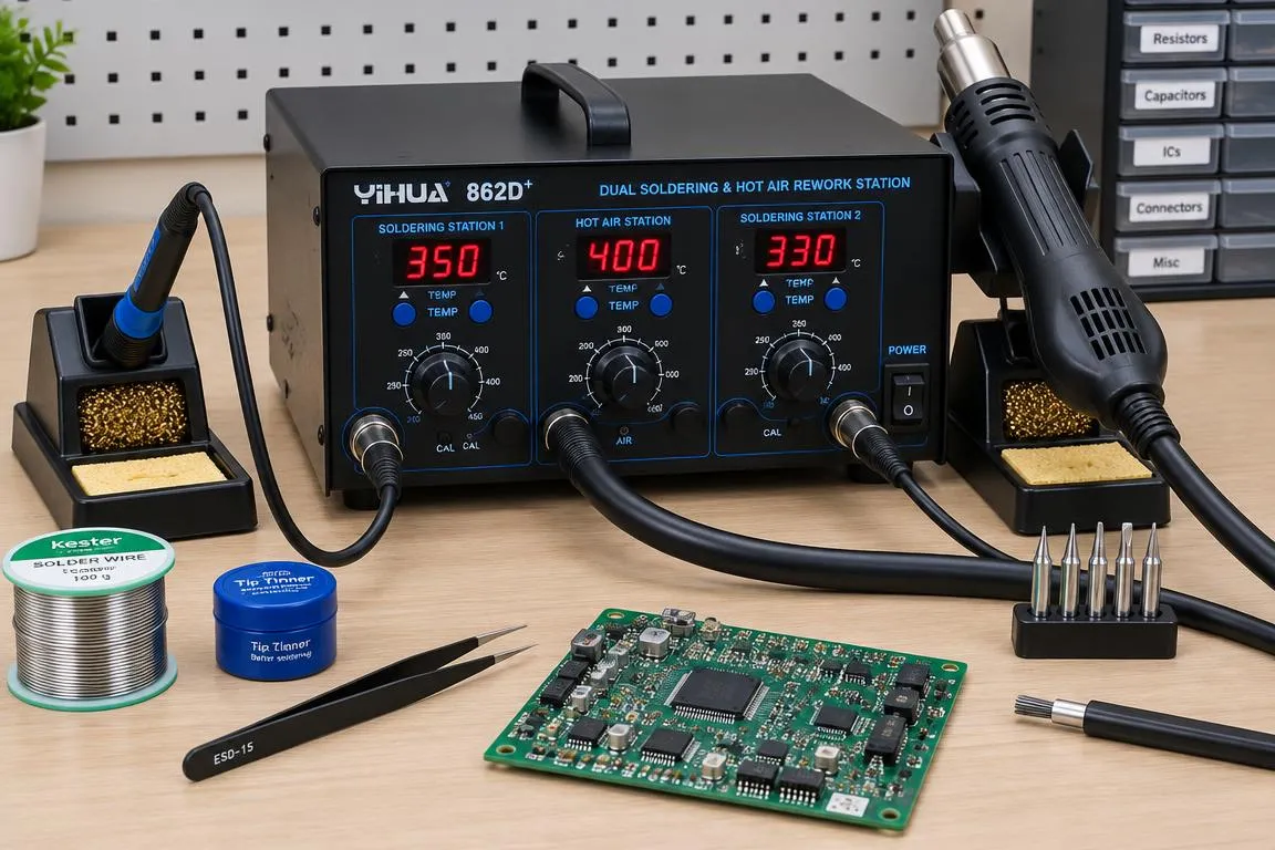 Dual function electronic rework station with hot air blower and soldering pencil