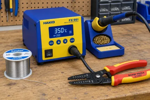 Digital soldering station with blue and yellow chassis on a clean technical workbench