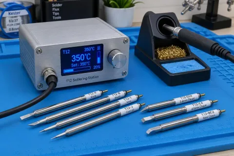 Compact OLED controlled soldering iron controller on an electronics workbench