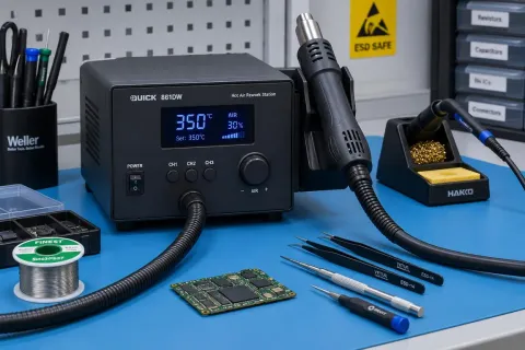 Hot air rework station with nozzle attachment on an electrostatic discharge mat