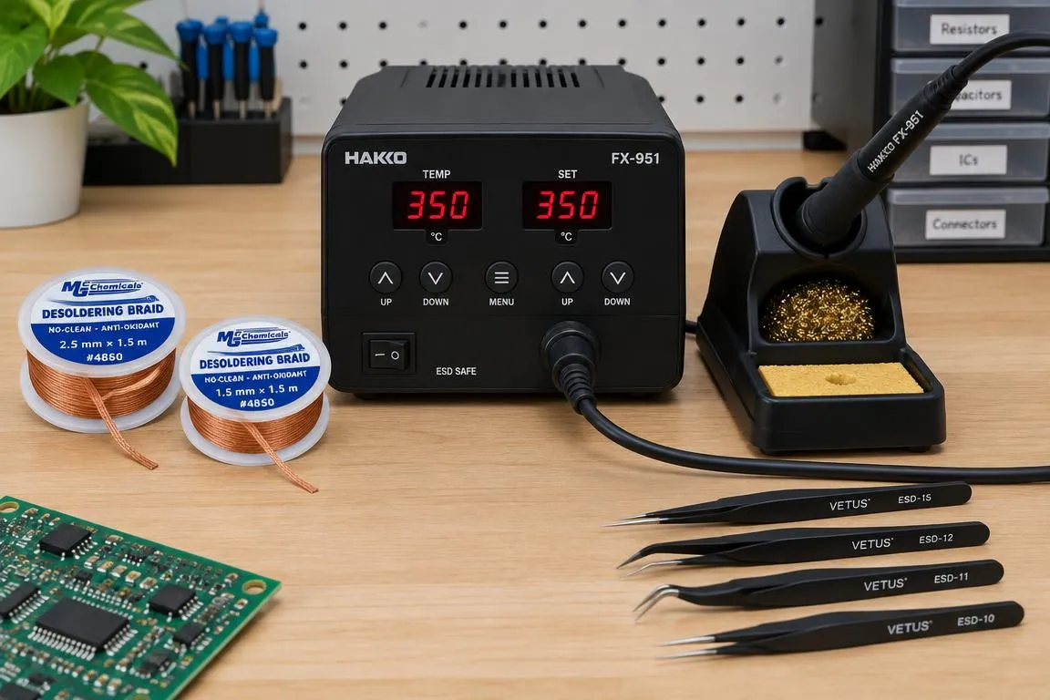 High wattage soldering station with digital display and attached cable iron